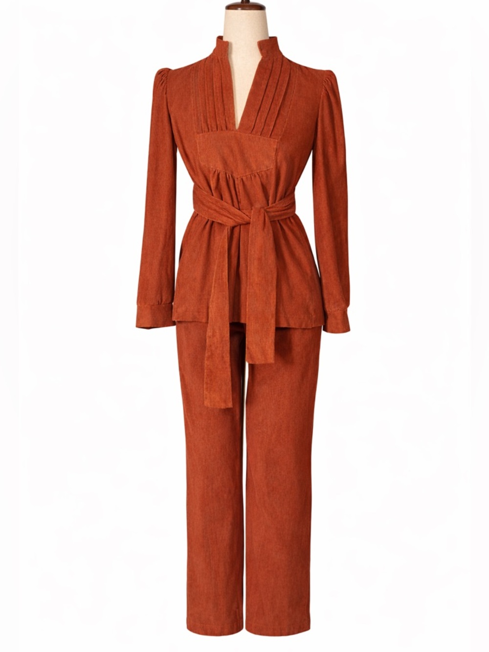 Vintage Burnt Orange Two-Piece Pantsuit with Waist Tie